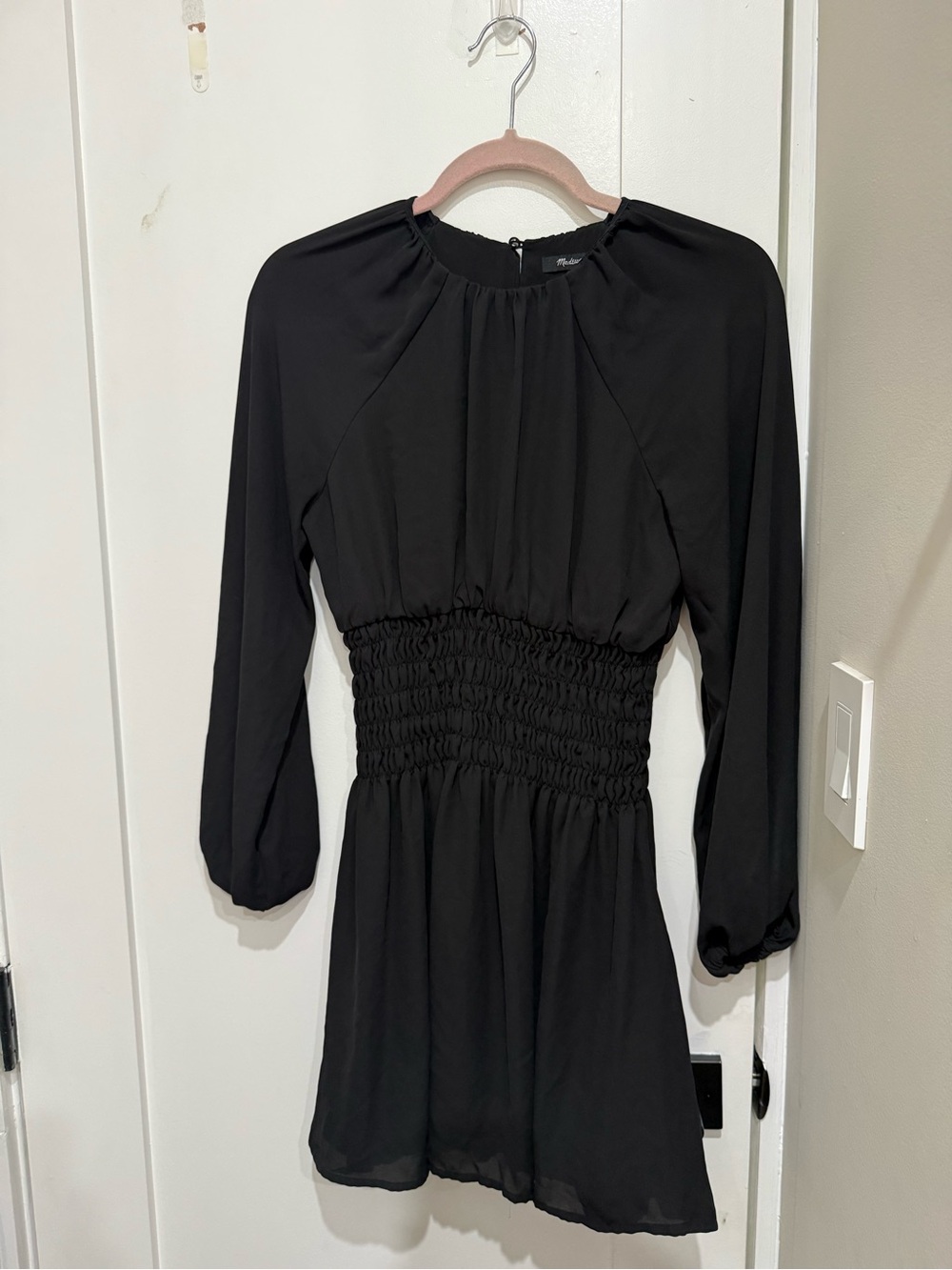 Madewell Black Long-Sleeve Smocked-Waist Mini Dress